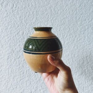 Handmade and Handpainted Geometric Green and Beige Pottery Vase from Africa